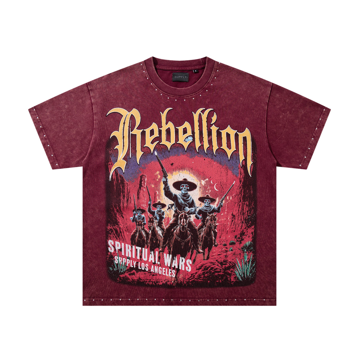 SUPPLY Rebellion Western Cowboy Burgundy Washed Oversized Graphic T‑Shirt